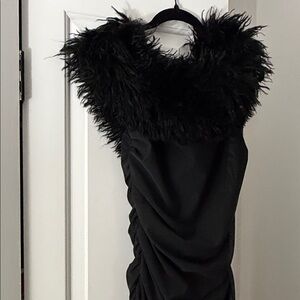 PrettyLittleThing Black Strapless Dress with Fur Trim